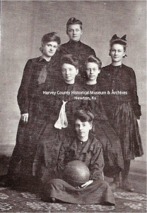 Newton High Under classmen Girls' Baskteball Team, 1904. (Back): Clara Haris, Elsie Randall, Bertha Swartz. (Middle): Onie Swan, Iva Godfrey. (Bottom): Juliette Roff. 