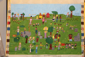 Story Quilt, painted, 1992. Made by the Cooper School 3rd Grade Class, Mrs. Fell, Mrs. Selzer, Mrs. Voth, Mrs Weaver, teachers. 