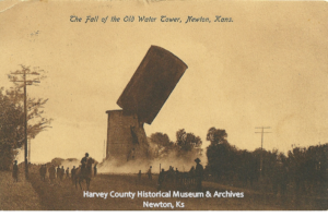 Postcard, demolition of water tower at E. 12th & Walnut, Newton, Ks May 1907.